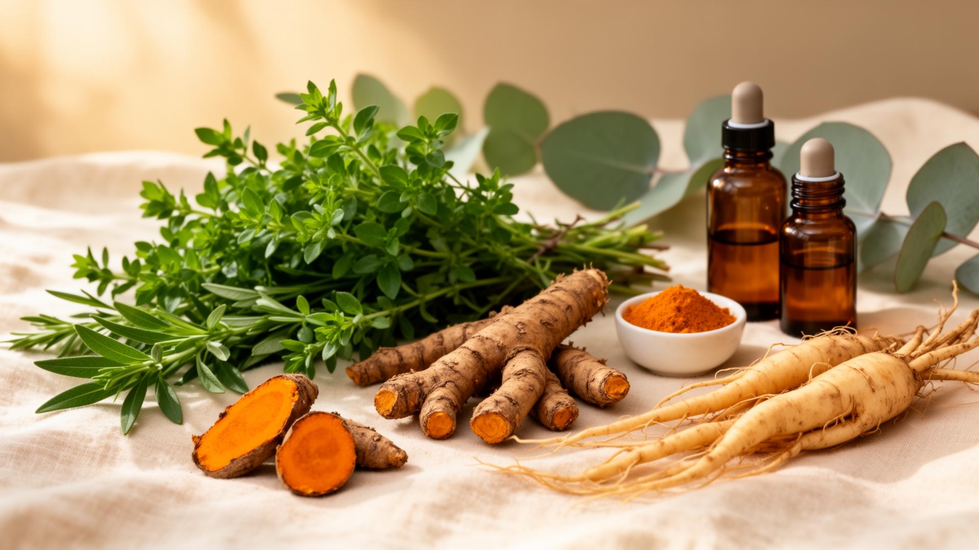 Botanicals, roots and amber apothecary bottles on linen