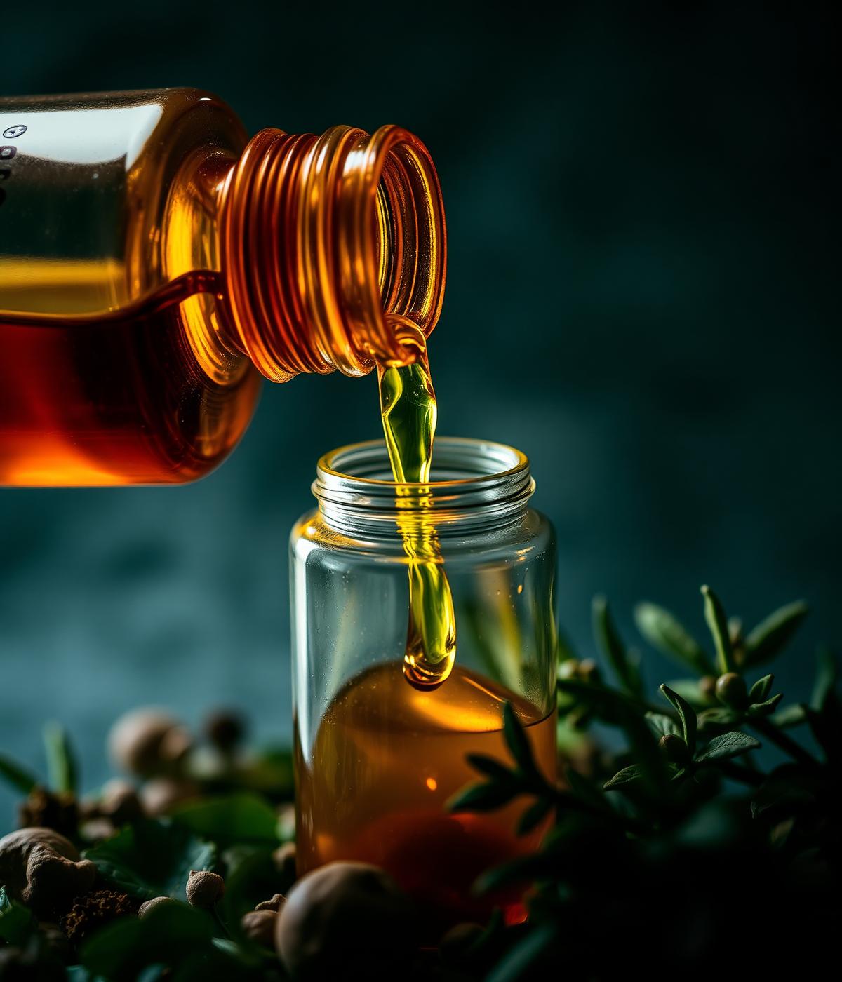 Amber tincture poured into glass jar